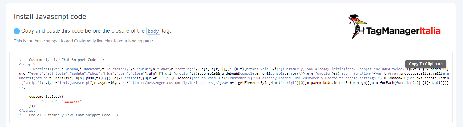 Codice Snippet web integration Customerly con Google Tag Manager Codice Snippet web integration Customerly con Google Tag Manager