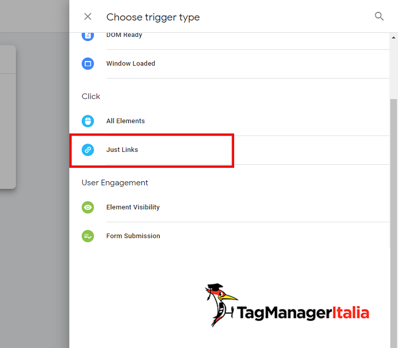 selezione trigger Just Links selezione trigger Just Links