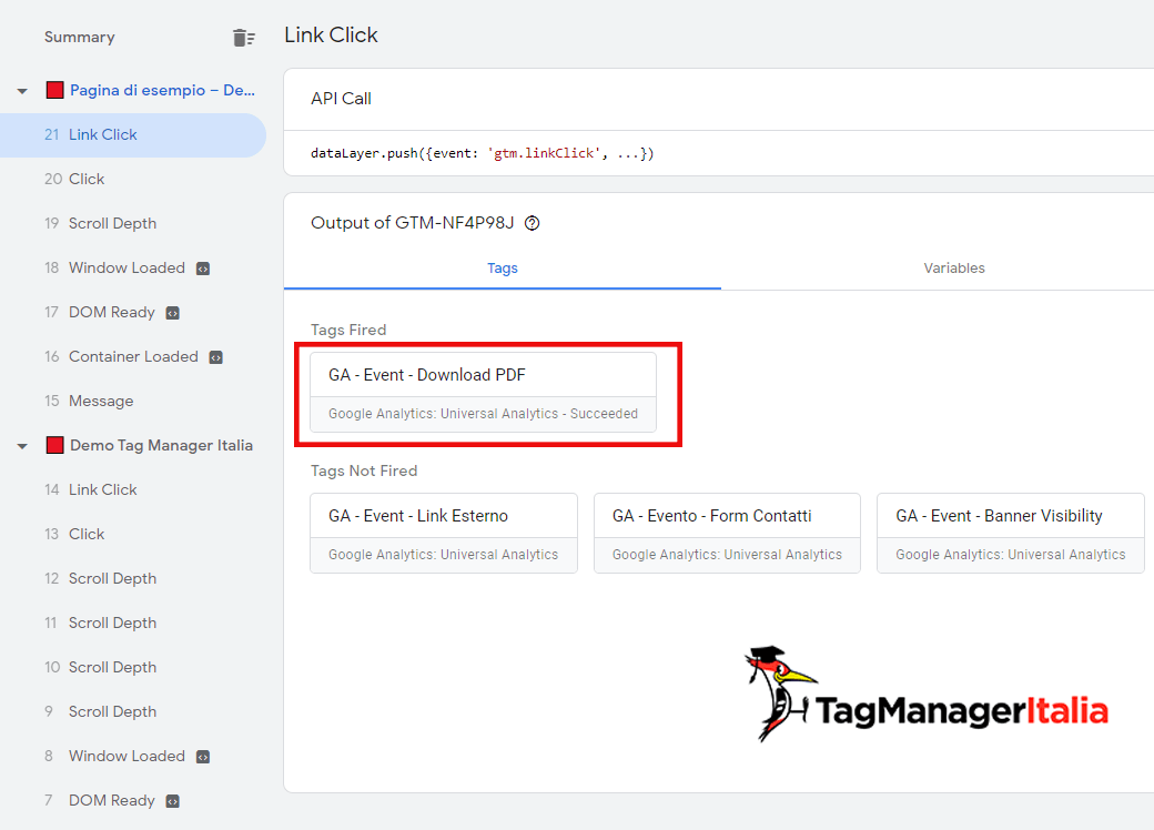 verifica con il debug di GTM Tag fired: tracciare download pdf google tag manager verifica con il debug di GTM Tag fired: tracciare download pdf google tag manager