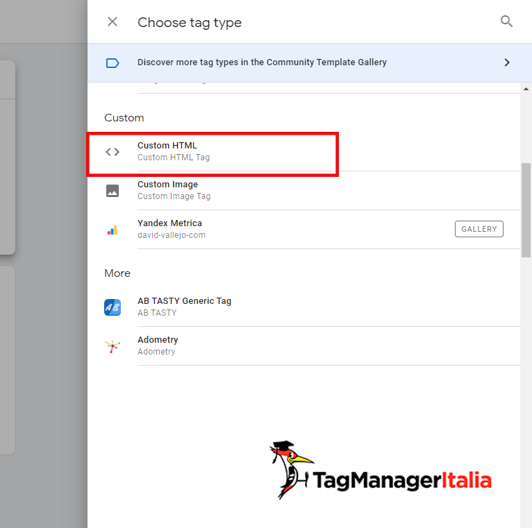 scegliere tag tipo Custom HTML scegliere tag tipo Custom HTML