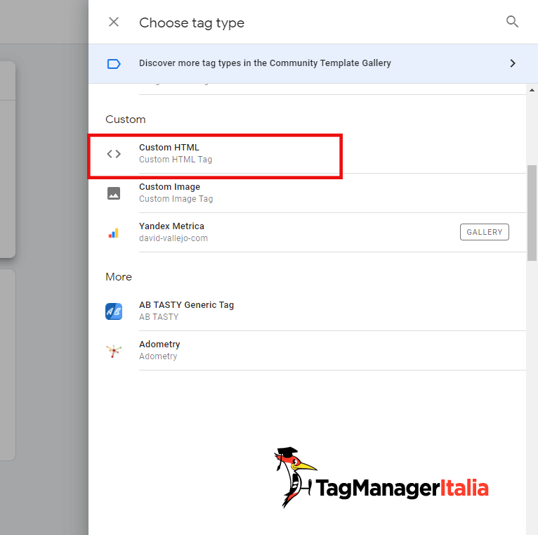 scegliere tag tipo Custom HTML scegliere tag tipo Custom HTML
