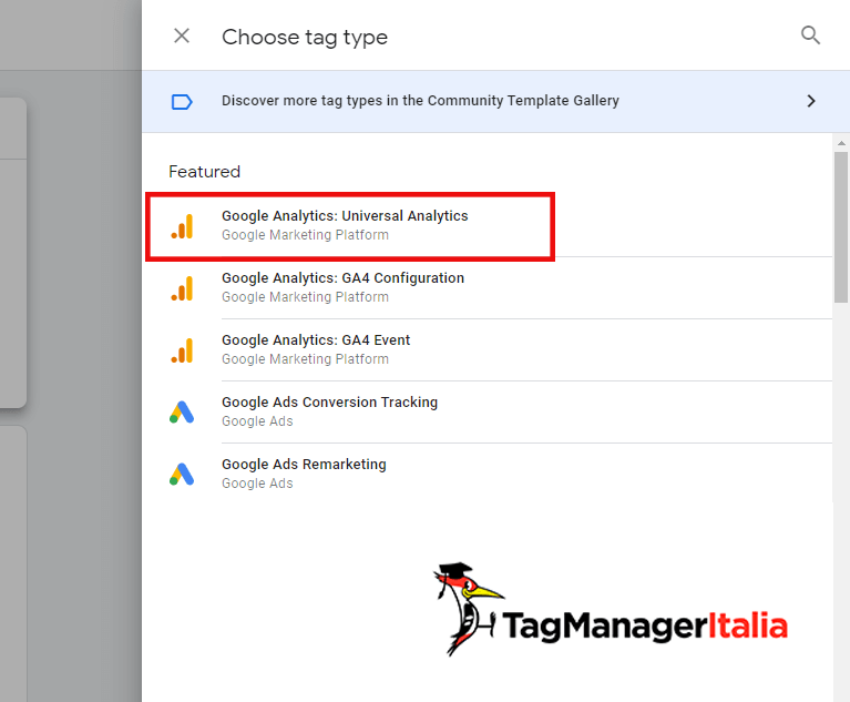 scegliere tag tipo Universal Analytics scegliere tag tipo Universal Analytics