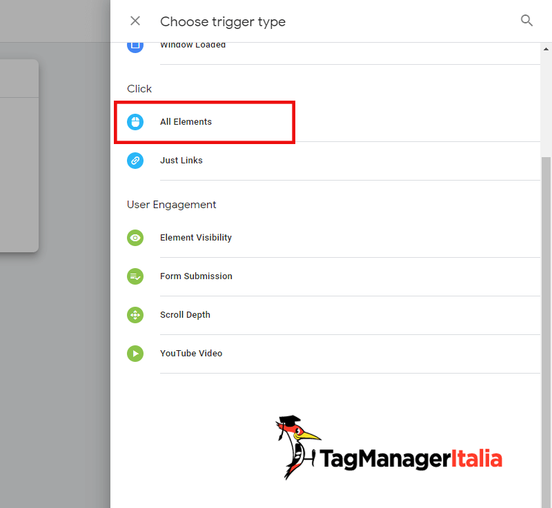 scegliere trigger tipo Click All Element scegliere trigger tipo Click All Element