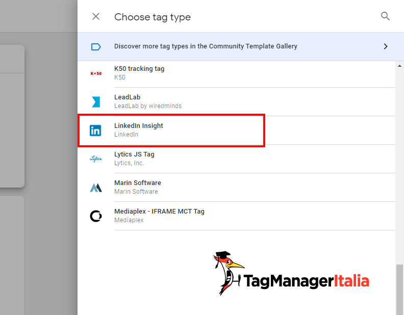 scegliere tag tipo LinkedIn Insight scegliere tag tipo LinkedIn Insight
