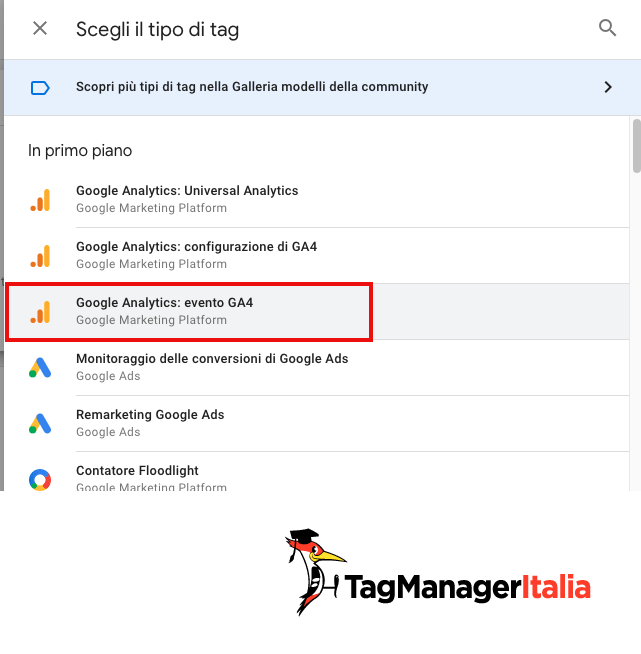 Scelta tag GA4 in Google Tag Manager Scelta tag GA4 in Google Tag Manager