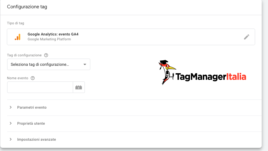 Dettaglio configurazione Tag Google Analytics 4 in Google Tag Manager Dettaglio configurazione Tag Google Analytics 4 in Google Tag Manager