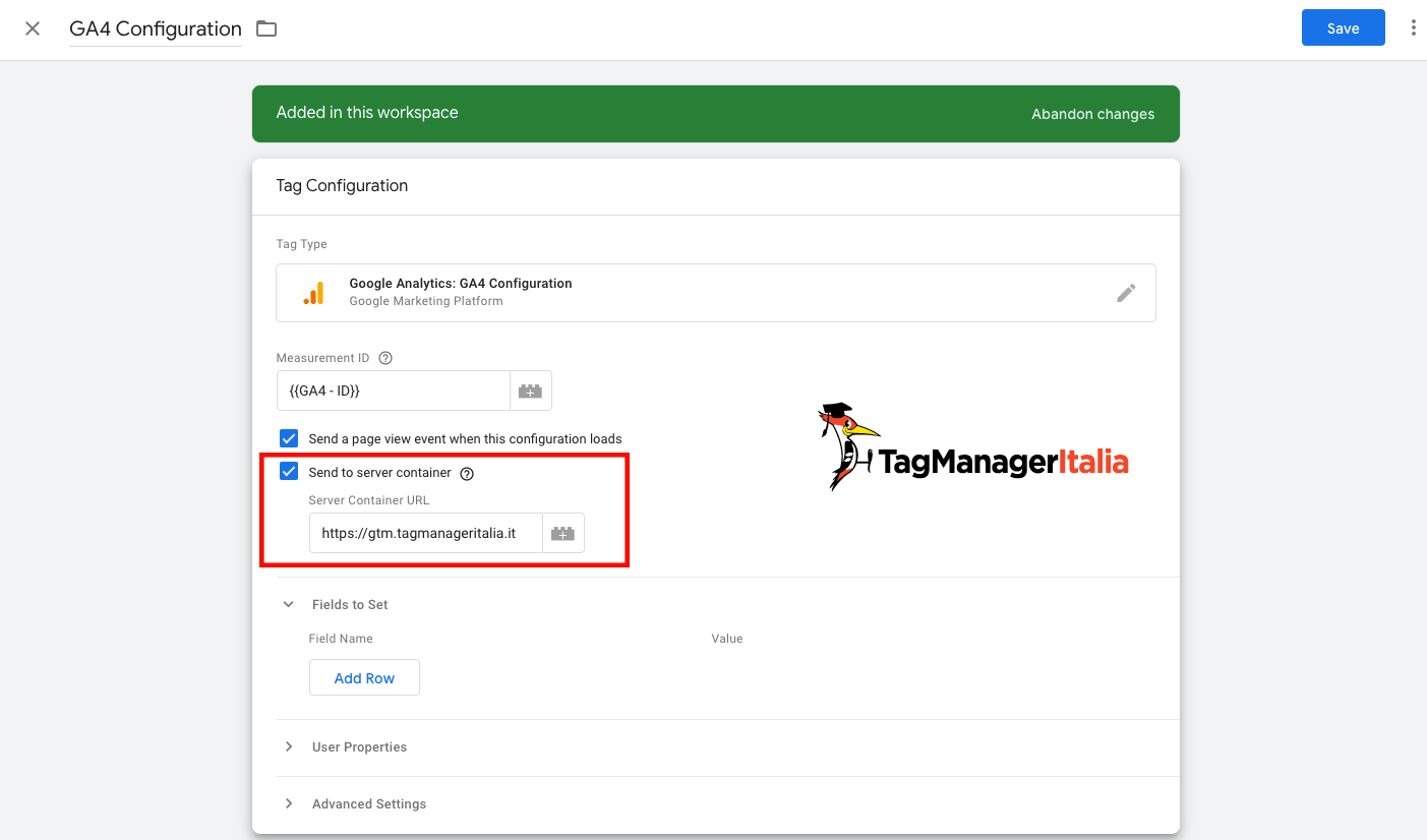 Flaggare l'opzione send to server container nel tag di configurazione di GA4 Flaggare l'opzione send to server container nel tag di configurazione di GA4