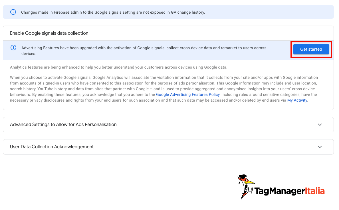 Schermata di configurazione Google Signals in GA4 Inizio configurazione google signals in GA4