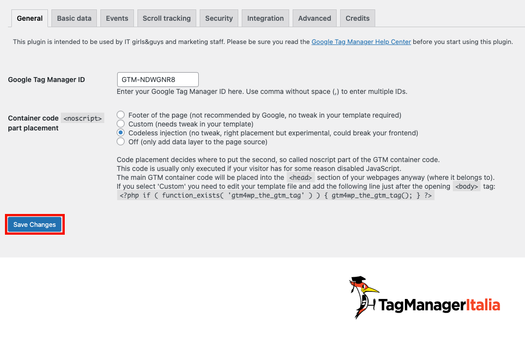 Inserire ID di Google Tag Manager Inserire ID di Google Tag Manager