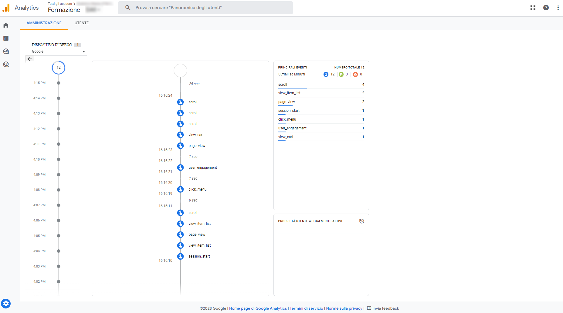 GA4 DebugView con script attivo e barra menu laterale scomparsa