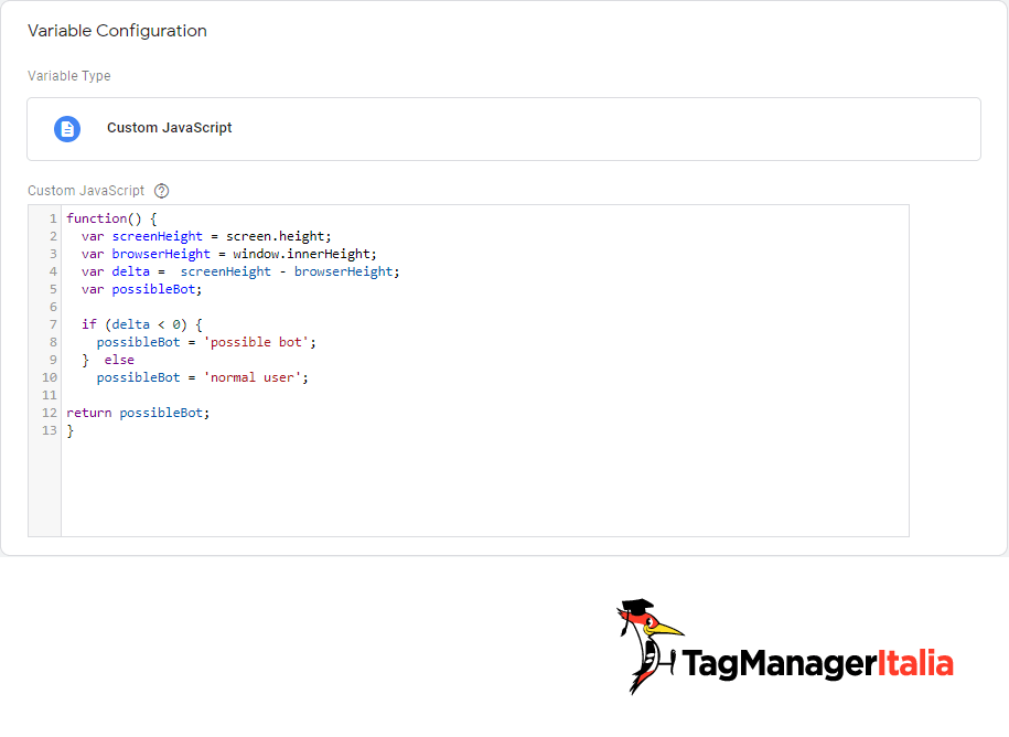Variabile Javascript personalizzato possible bot google tag manager Variabile Javascript personalizzato possible bot google tag manager