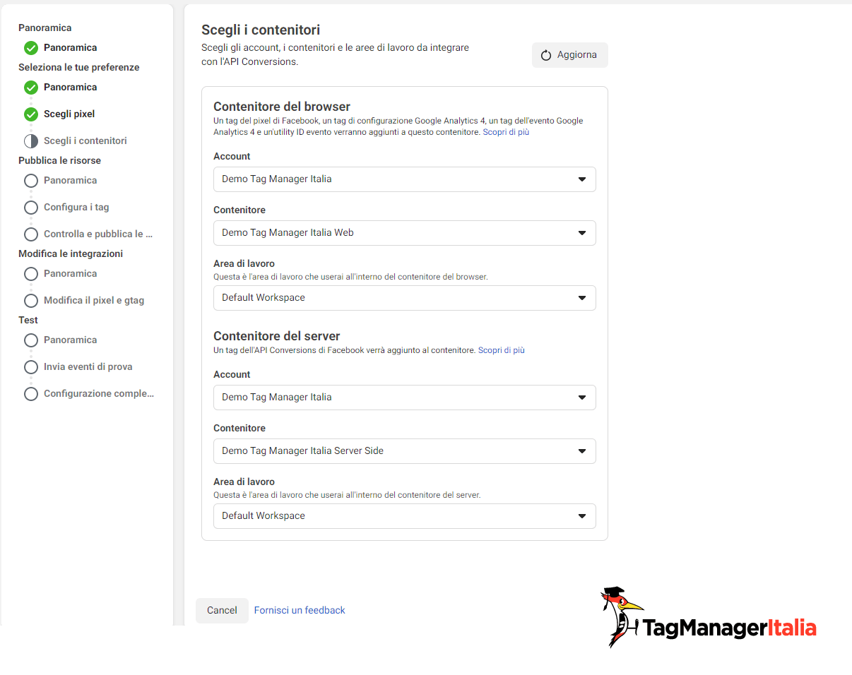 seleziona i contenitori di GTM da utilizzare per configurare conversion API facebook seleziona i contenitori di GTM da utilizzare per configurare conversion API facebook