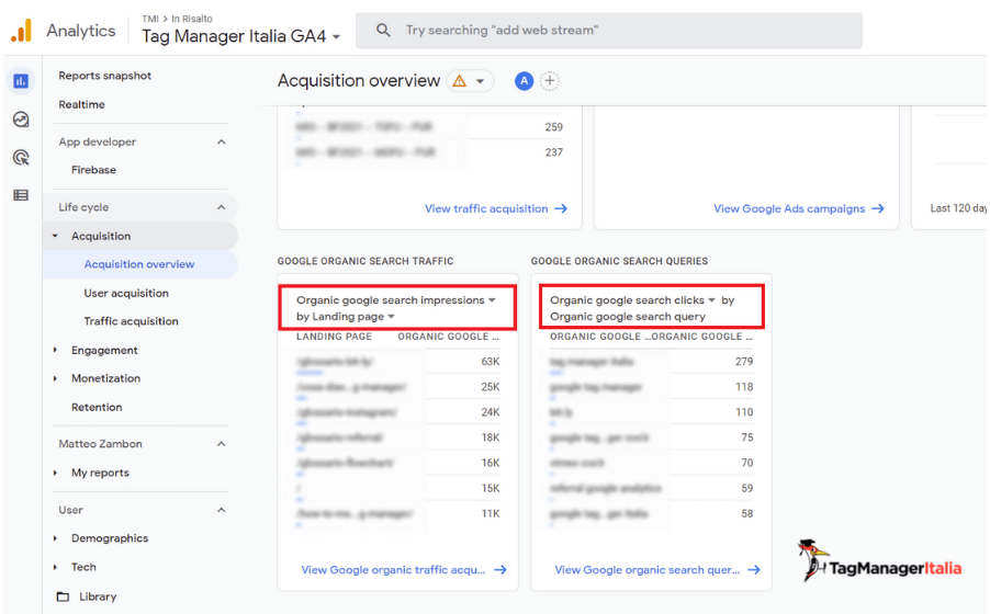 due nuove schede sezione report GA4 collegato a Search Console due nuove schede sezione report GA4 collegato a Search Console