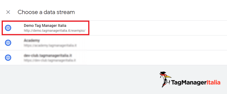 scelta data stream GA4 per collegamento a Search Console scelta data stream GA4 per collegamento a Search Console