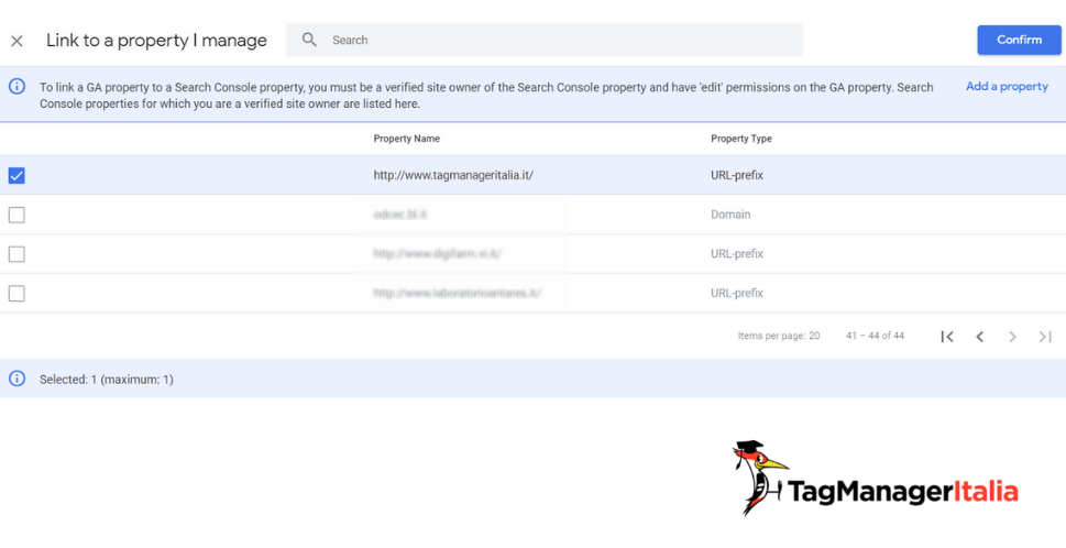 scelta proprietà Search Console collegamento a GA4 scelta proprietà Search Console collegamento a GA4