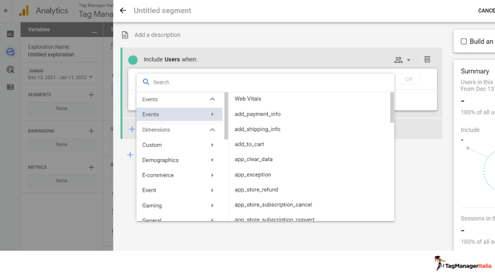 impostazione evento creazione segmento pubblico personalizzato google analytics 4 impostazione evento creazione segmento pubblico personalizzato google analytics 4