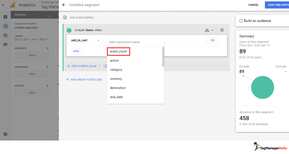 impostazione parametro event_count segmento pubblico personalizzato google analytics 4 impostazione parametro event_count segmento pubblico personalizzato google analytics 4