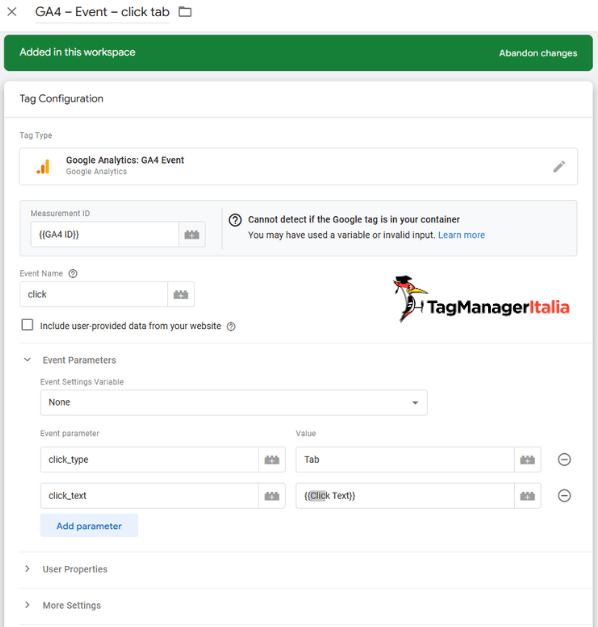 Configurazione evento tracciamento GA4 click tab sito web con Google Tag Manager Configurazione evento tracciamento GA4 click tab sito web con Google Tag Manager