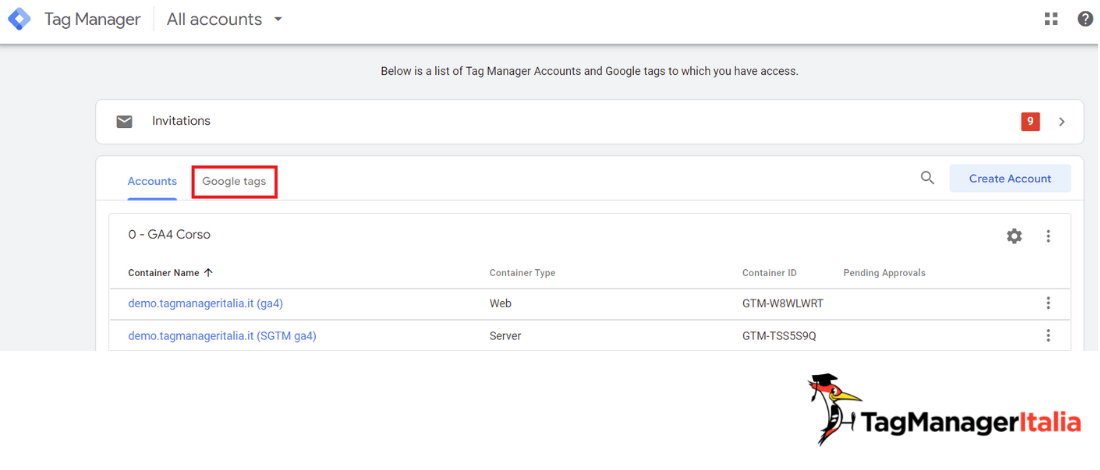 Schermata di accesso a Google Tag Manager e tab del Google tag Schermata di accesso a Google Tag Manager e tab del Google tag