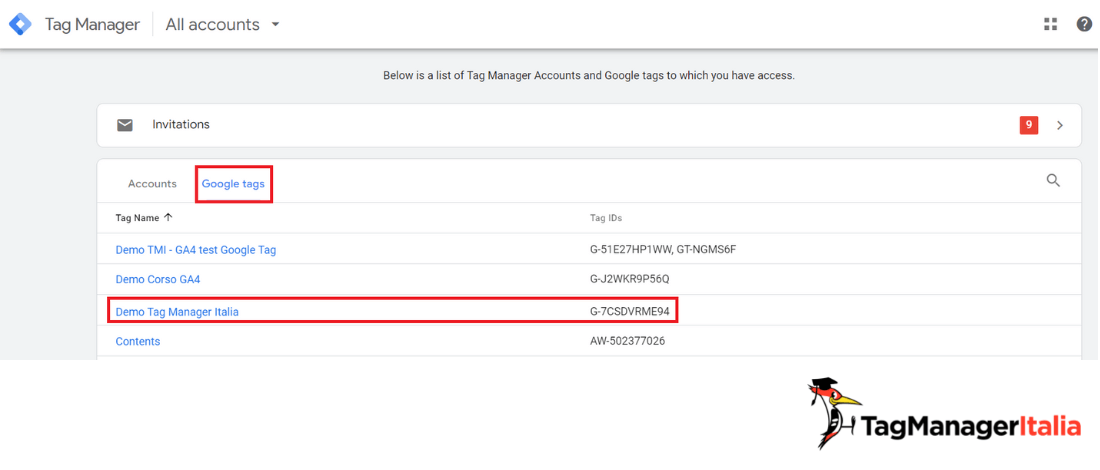 Selezione contenitore Google Tag Manager per configurare Google tag Selezione contenitore Google Tag Manager per configurare Google tag