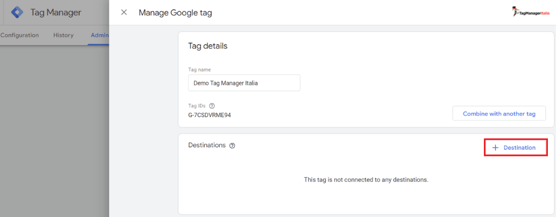 Step impostazione destinazione Google tag in Google Tag Manager Step impostazione destinazione Google tag in Google Tag Manager