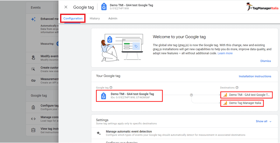 Sezione Configuration per verificare il collegamento tra due data stream di GA4 con un Google tag Sezione Configuration per verificare il collegamento tra due data stream di GA4 con un Google tag