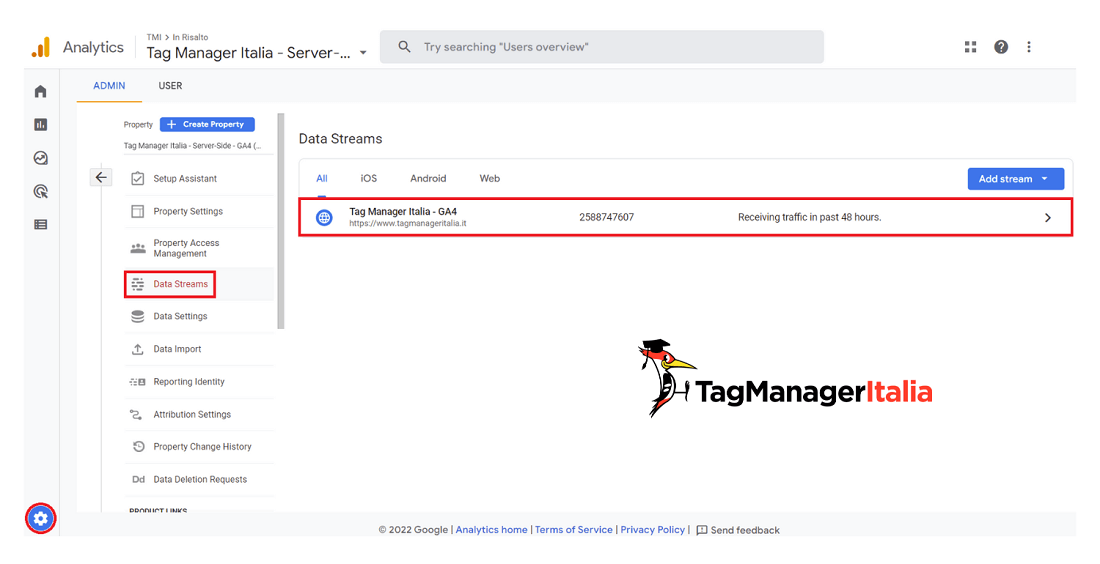 Step per accedere al data stream in GA4 per impostare il Google tag Step per accedere al data stream in GA4 per impostare il Google tag