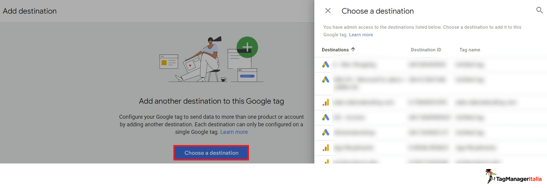 Step di selezione delle destinazioni del Google tag in GA4 e Google Ads Step di selezione delle destinazioni del Google tag in GA4 e Google Ads