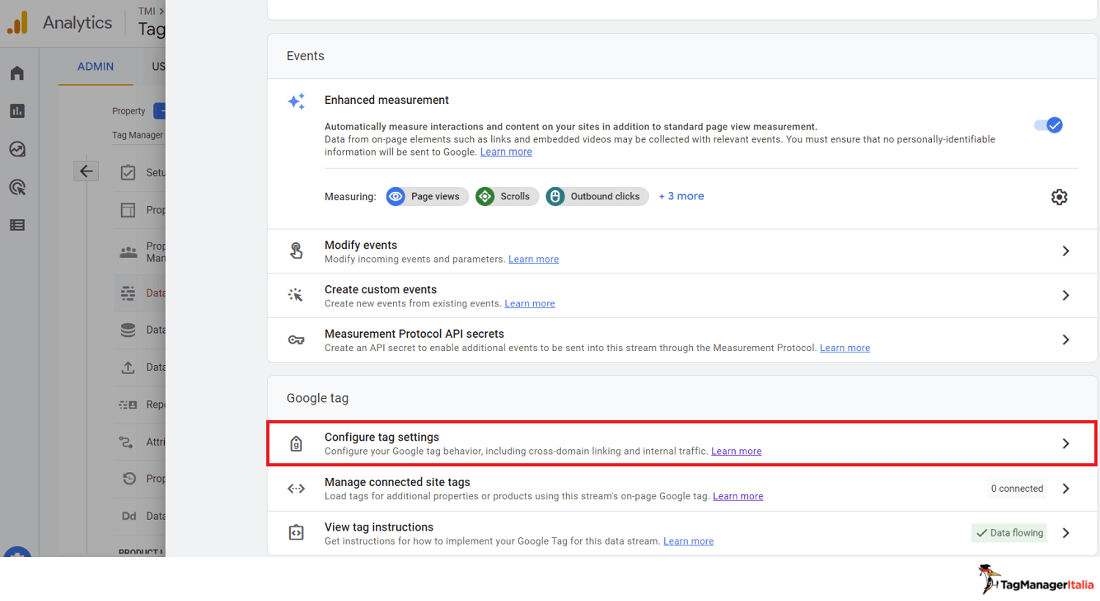 Step per entrare nella sezione configurazione tag del Google tag in GA4 Step per entrare nella sezione configurazione tag del Google tag in GA4