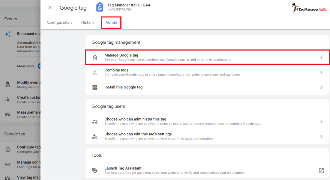 Step per entrare nella sezione gestione Google tag in GA4 Step per entrare nella sezione gestione Google tag in GA4