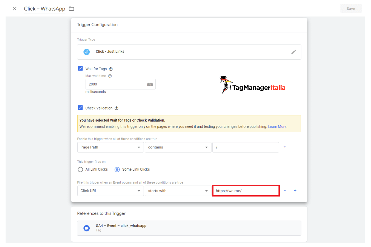 Configurazione trigger evento tracciamento click contatto WhatsApp Configurazione trigger evento tracciamento click contatto WhatsApp