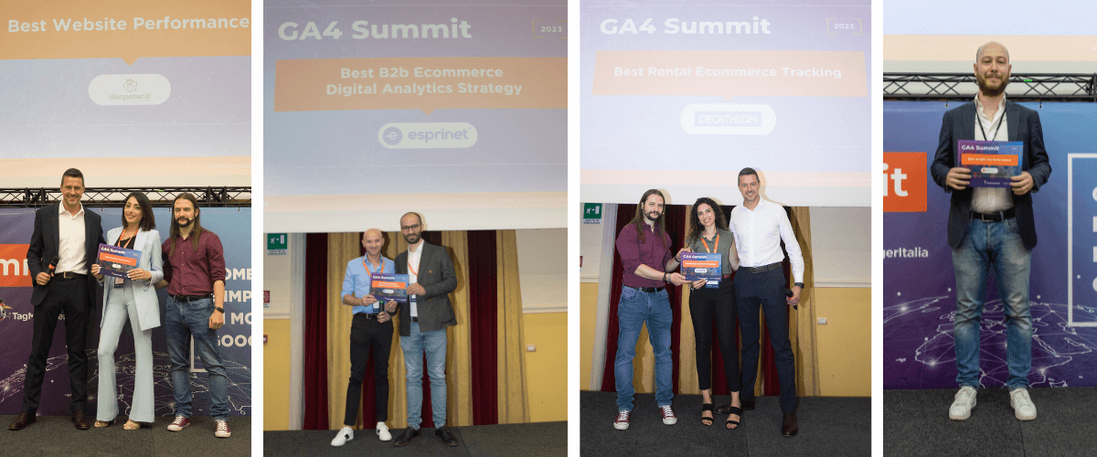 Alcune aziende eccellenti premiare con i GA4 Awards durante l'evento GA4 Summit 2023 Alcune aziende eccellenti premiare con i GA4 Awards durante l'evento GA4 Summit 2023