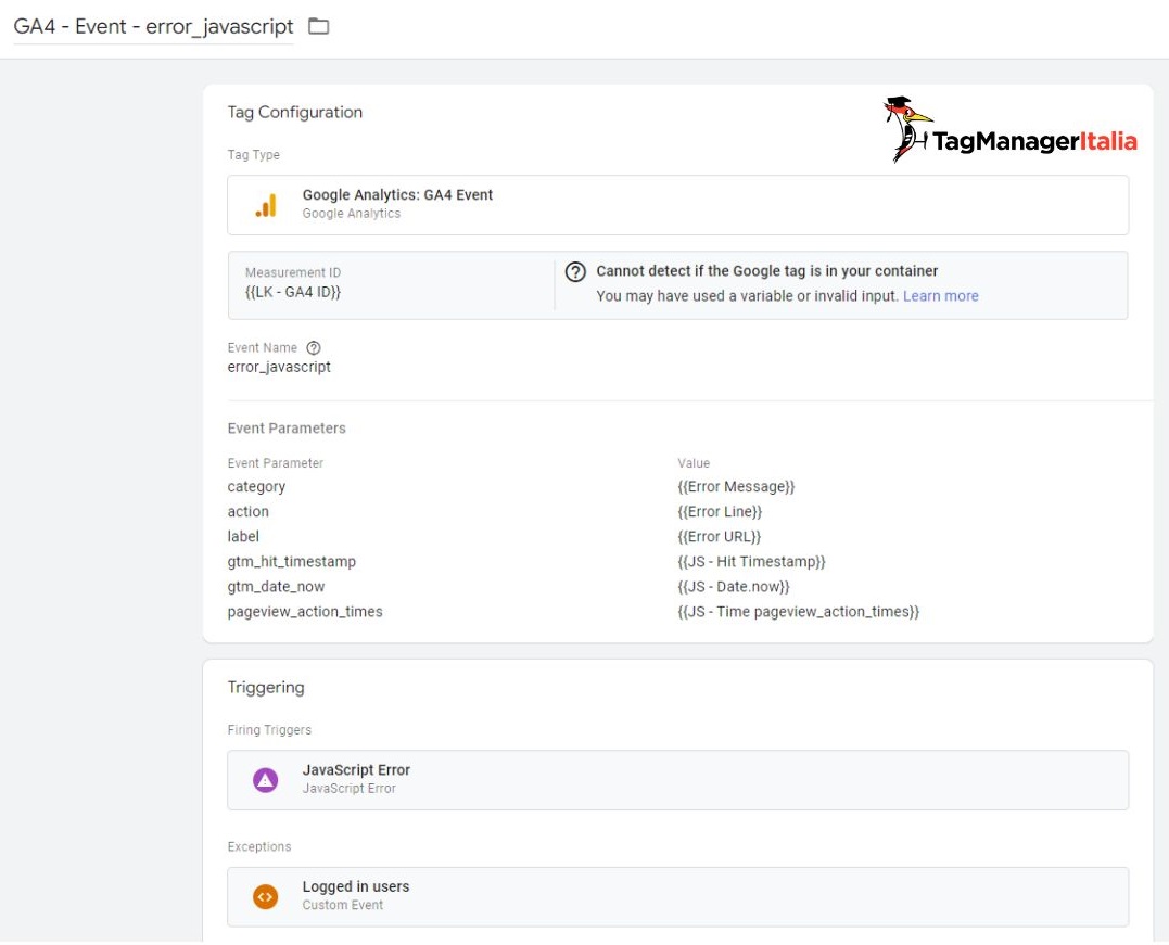 Evento tracciamento errori Javascript in GA4 tramite Google Tag
