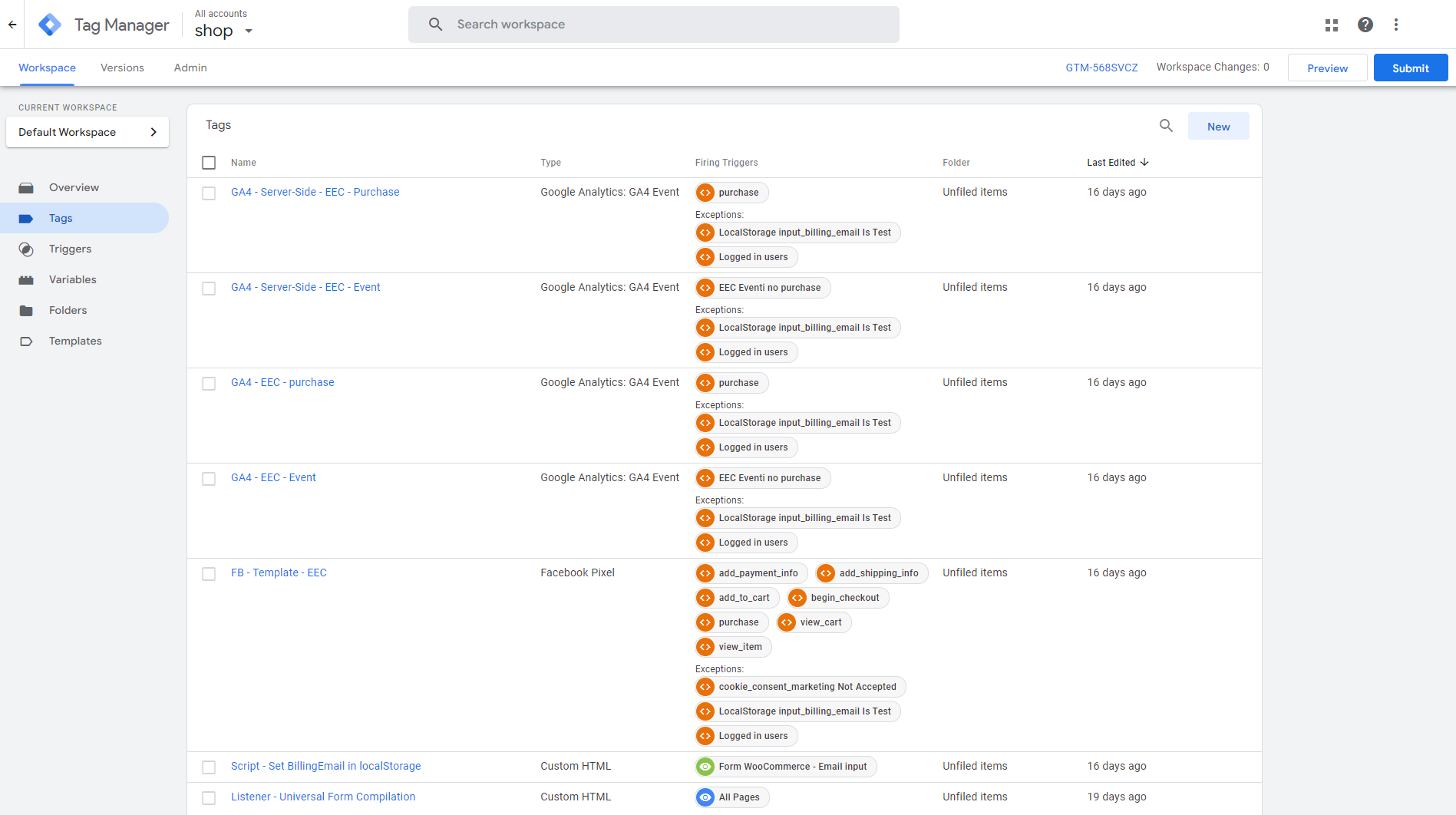 Un elenco di tag di tracciamento dati di un e-commerce in Google Tag Manager