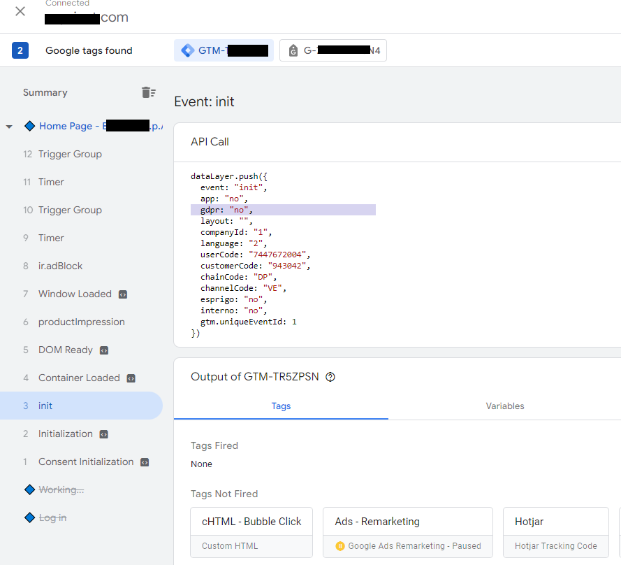 L'interfaccia del Debug di Google Tag Manager che mostra come, grazie alla gestione ad hoc del Cookie Banner, è possibile gestire in modo flessibile i tracciamenti su un e-commerce in base all'accettazione o negazione dei consensi Privacy da parte degli utenti. L'interfaccia del Debug di Google Tag Manager che mostra come, grazie alla gestione ad hoc del Cookie Banner, è possibile gestire in modo flessibile i tracciamenti su un e-commerce in base all'accettazione o negazione dei consensi Privacy da parte degli utenti.