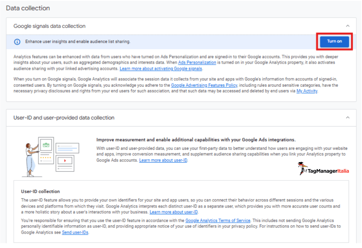 Pulsante attivazione Google Signals GA4 Pulsante attivazione Google Signals GA4