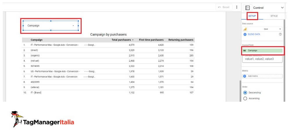 Dettaglio impostazione dimensione campo filtro drop-down list ricerca campagne advertising acquisti e ricavi ecommerce report Looker Studio Dettaglio impostazione dimensione campo filtro drop-down list ricerca campagne advertising acquisti e ricavi ecommerce report Looker Studio