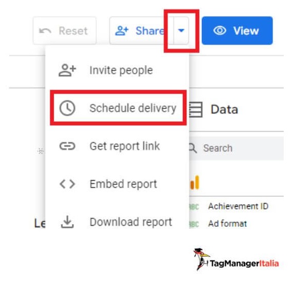Selezionare menu programmazione invio report e dashboard Looker Studio Selezionare menu programmazione invio report e dashboard Looker Studio
