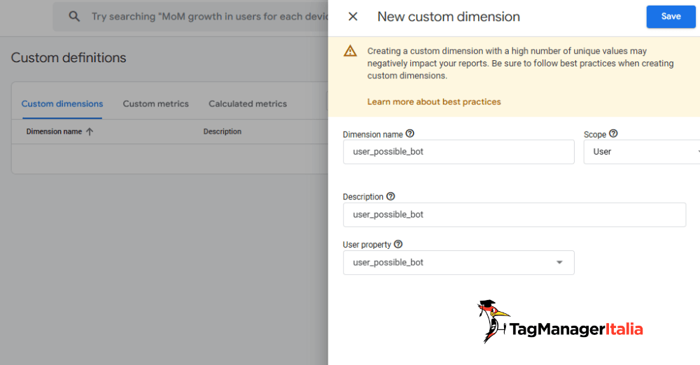 Creazione custom dimension analisi traffico bot GA4 Creazione custom dimension analisi traffico bot GA4