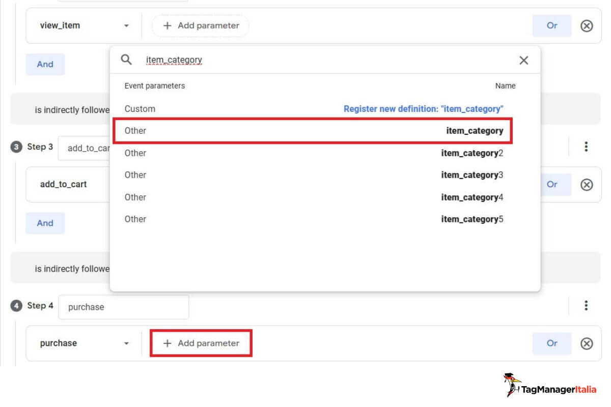 Aggiunta parametro categoria prodotto report funnel conversione GA4 Aggiunta parametro categoria prodotto report funnel conversione GA4