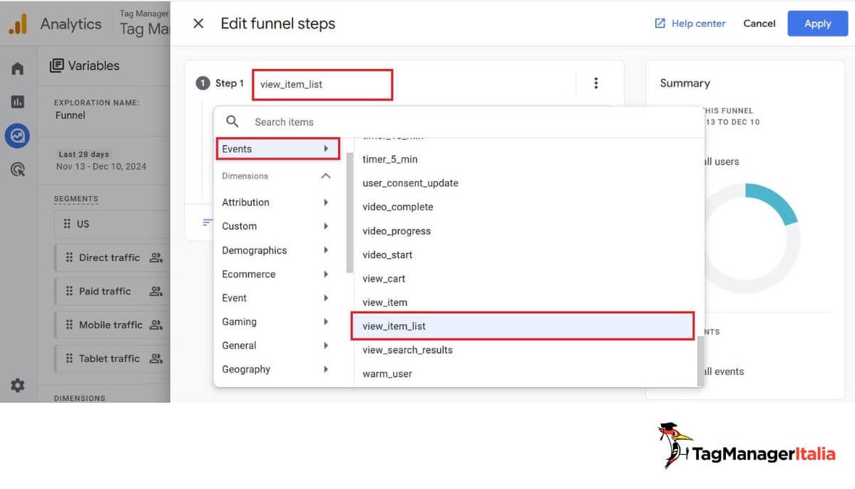 Creazione step 1 funnel conversione report in GA4 - view item list Creazione step 1 funnel conversione report in GA4 - view item list