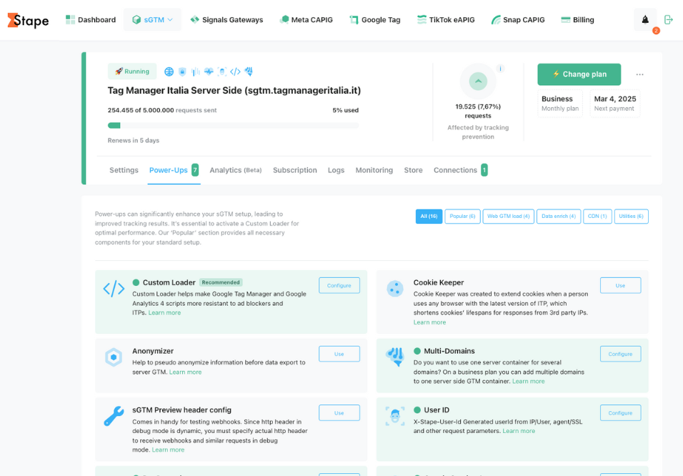 Panoramica delle funzionalità avanzate Stape per l’implementazione e ottimizzazione del tracciamento Server-Side