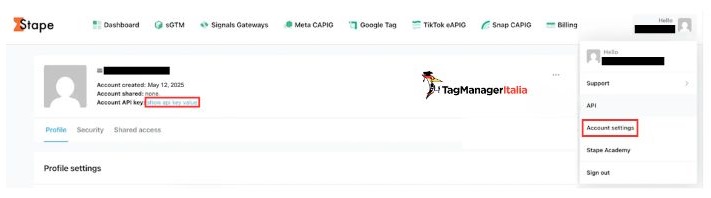 API account Stape GTM Server API account Stape GTM Server