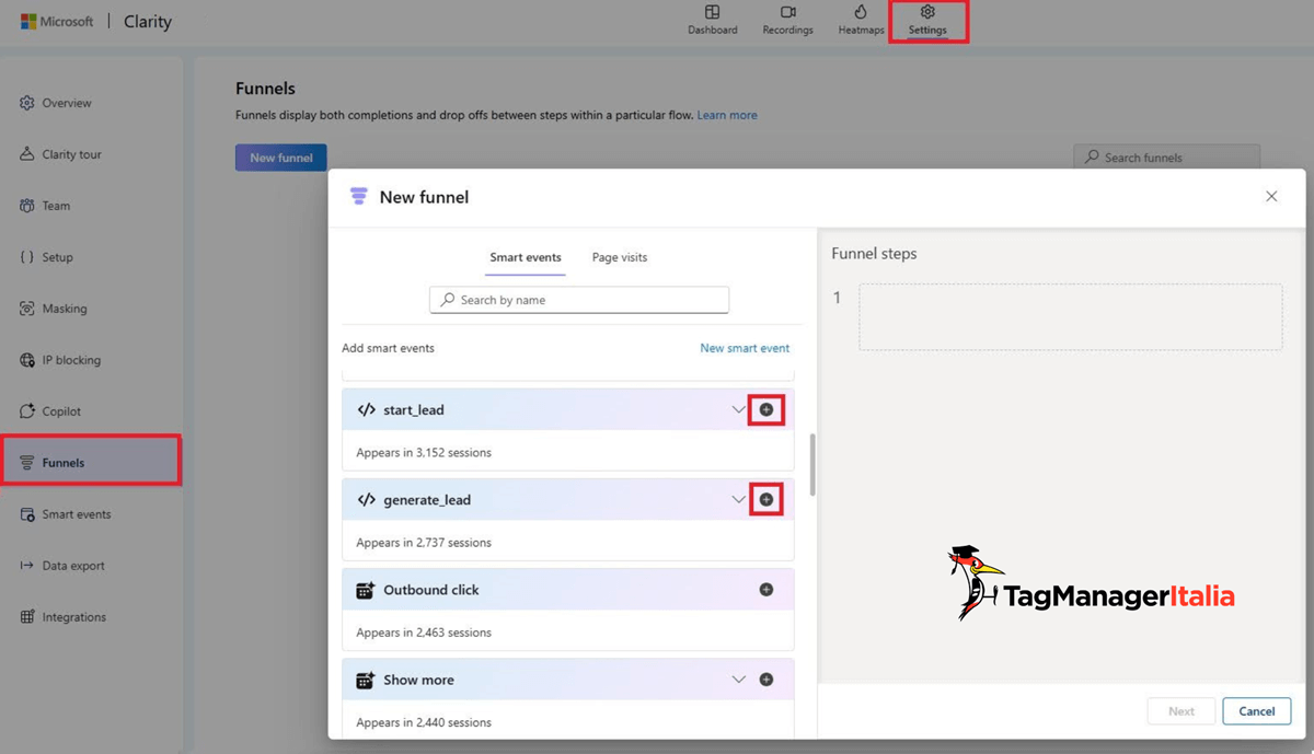 Impostazione step smart events creazione funnel report Microsoft Clarity - Tag Manager Italia Impostazione step smart events creazione funnel report Microsoft Clarity - Tag Manager Italia