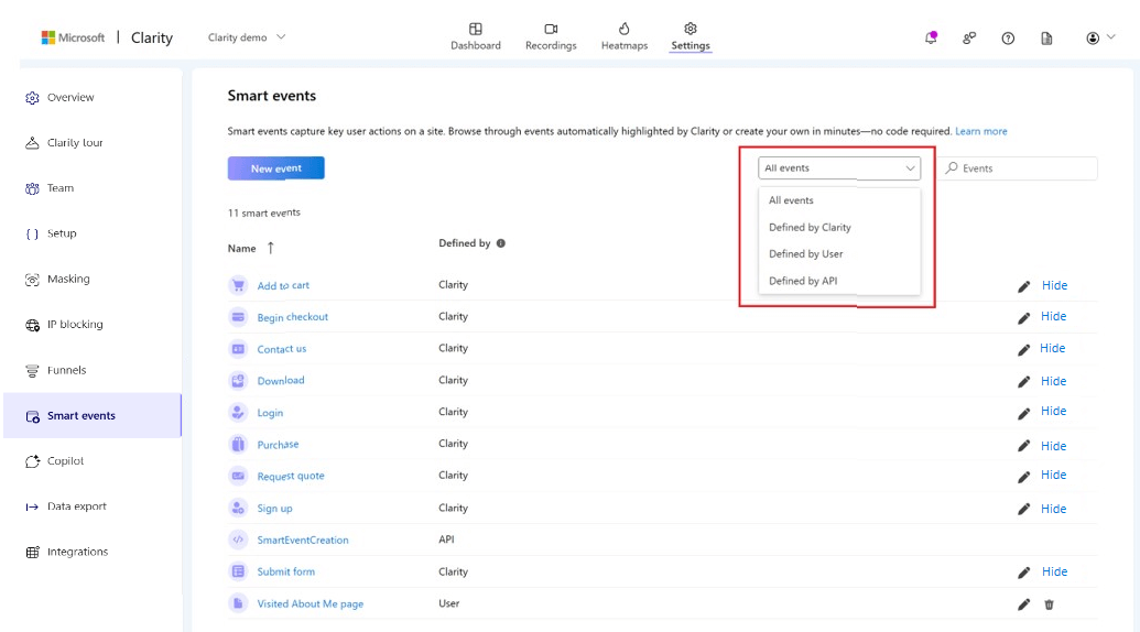 Overview smart events settings Microsoft Clarity - Tag Manager Italia Overview smart events settings Microsoft Clarity - Tag Manager Italia