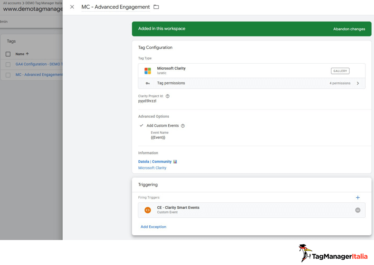 Panoramica tag finale Google Tag Manager configurazione smart events Microsoft Clarity - Tag Manager Italia Panoramica tag finale Google Tag Manager configurazione smart events Microsoft Clarity - Tag Manager Italia