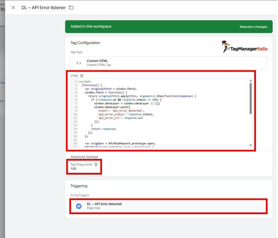 Configurazione tag html script push datalayer evento tracking rrori api Google Tag Manager