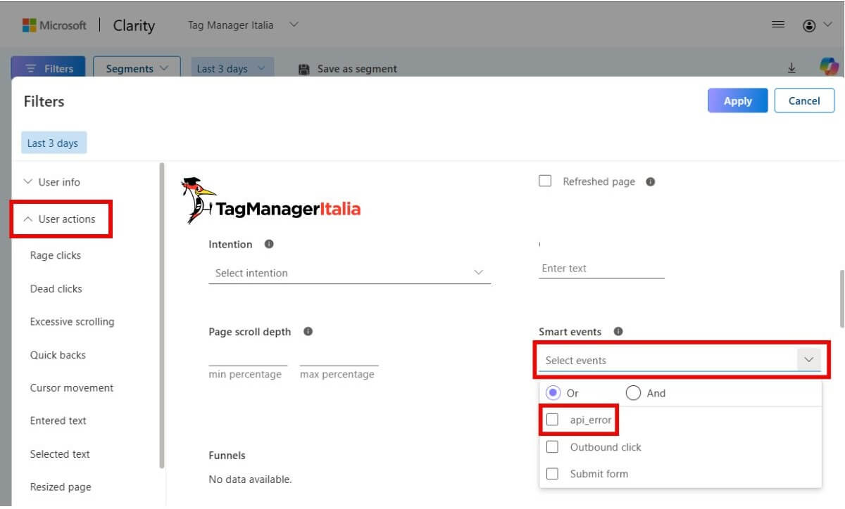 Impostare filtro smart events - eventi personalizzati analisi carrello e form abbandonati Microsoft Clarity Impostare filtro smart events - eventi personalizzati analisi carrello e form abbandonati Microsoft Clarity