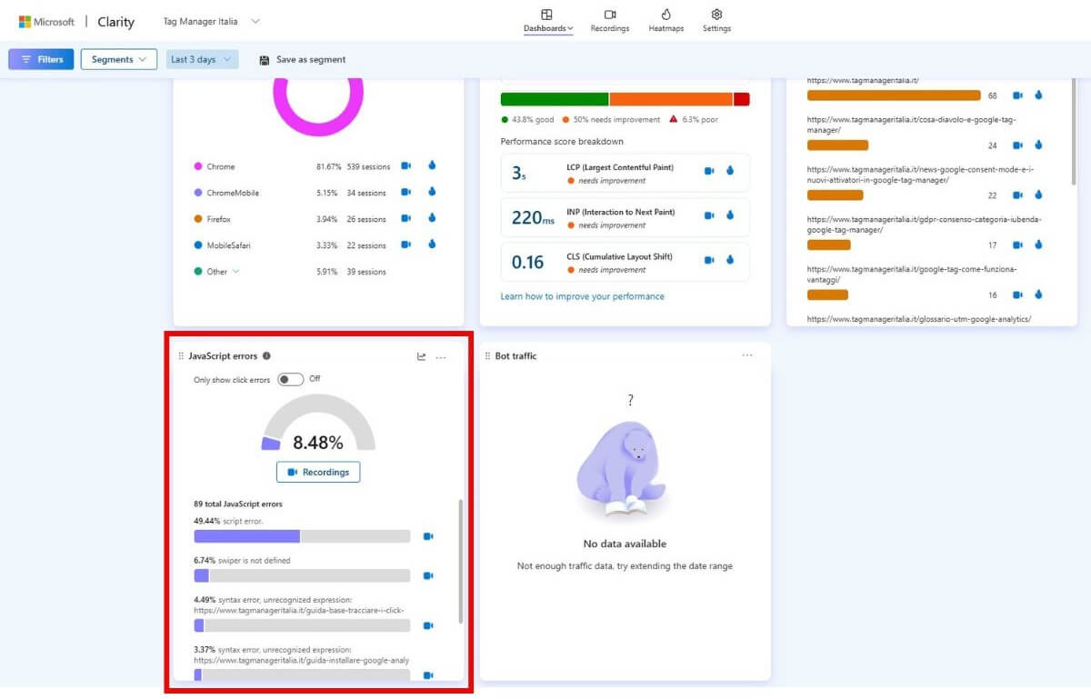 Scorecard errori javascript report Microsoft Clarity Scorecard errori javascript report Microsoft Clarity