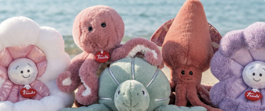 Peluche Trudi a forma di animali marini.